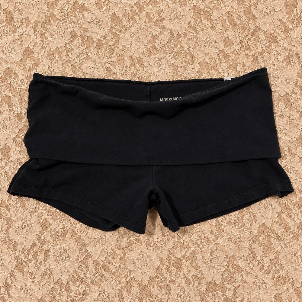 Y2K Black Fold Over Waist Yoga Micro Mini Shorts L 2000s McBling Lounge Basic